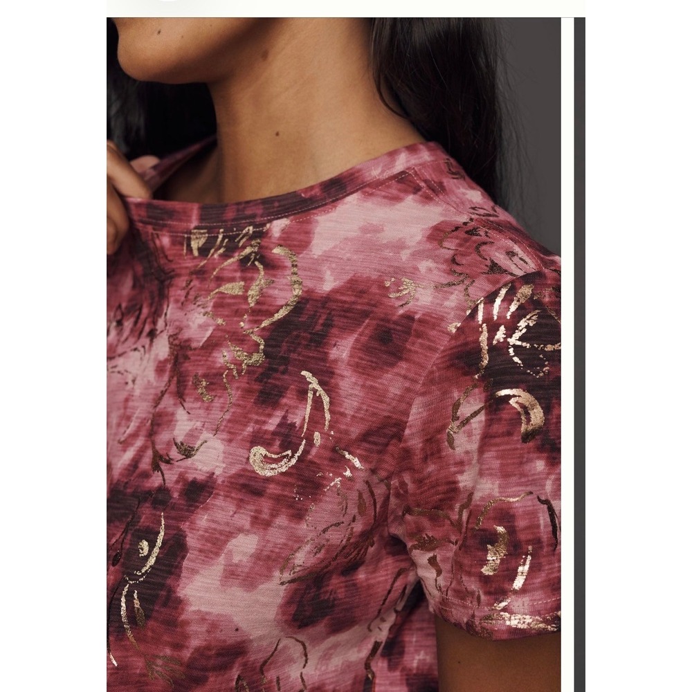 Pilcro Anthropologie Pink Purple Tie Dye Gold Foil Floral Cotton Tee Shirt M - Picture 3 of 8